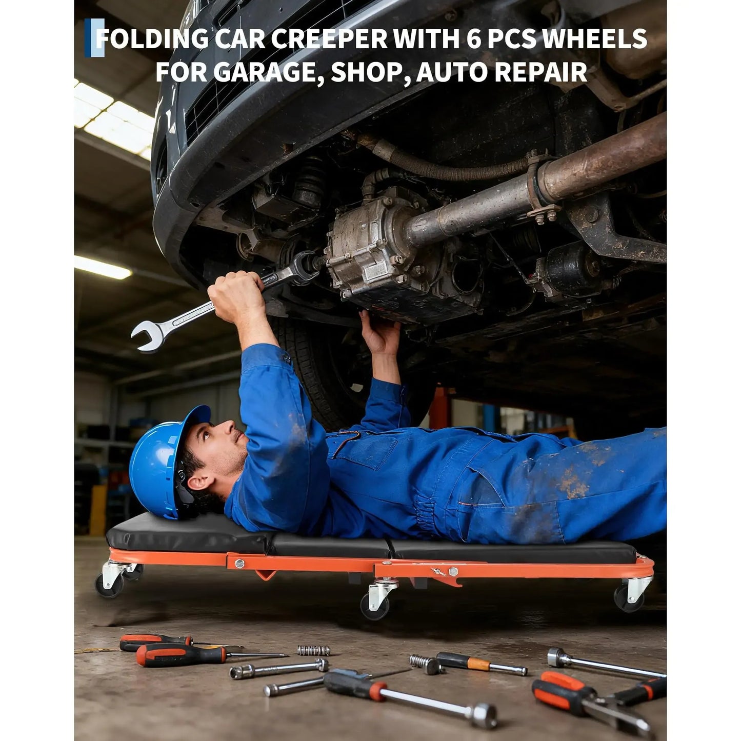 Foldable Z Garage Creeper - 36 in Auto Repair Mechanic Tool300 lbs Load Capacity6 WheelsPadded SeatSteel FrameTool
