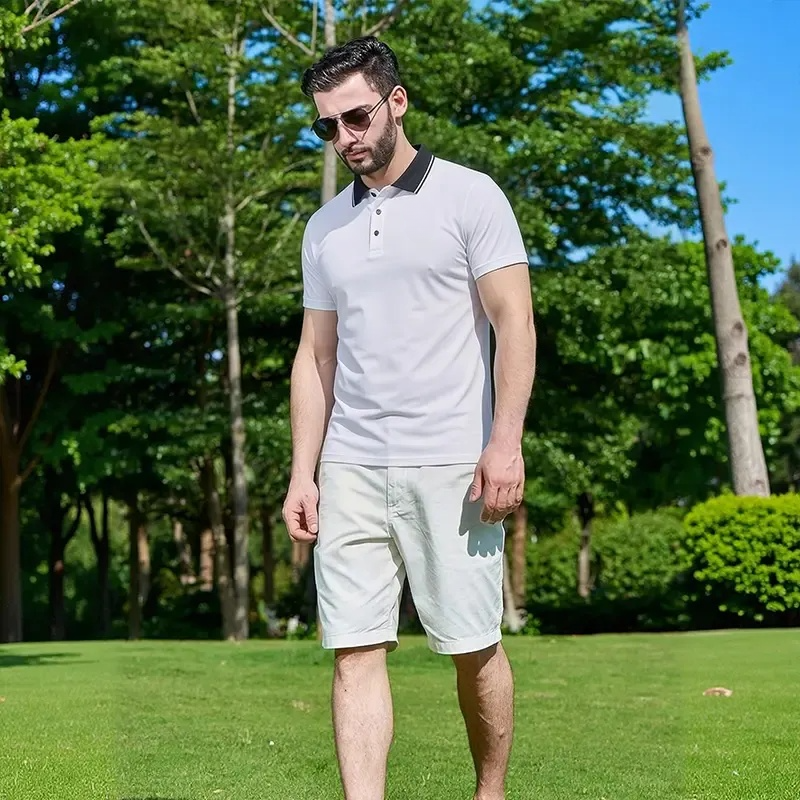 Men’s summer polo shirts featuring a contrast collar slim fit quick-dry lightweight tees, breathable business