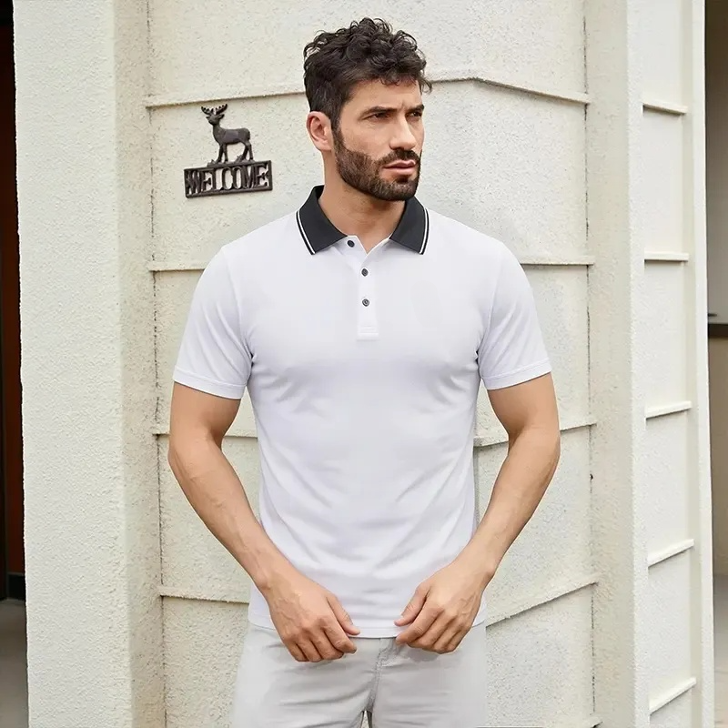 Men’s summer polo shirts featuring a contrast collar slim fit quick-dry lightweight tees, breathable business