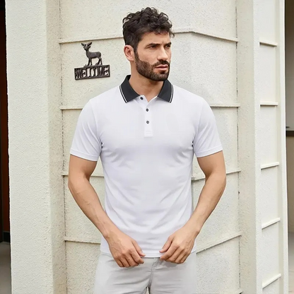 Men’s summer polo shirts featuring a contrast collar slim fit quick-dry lightweight tees, breathable business