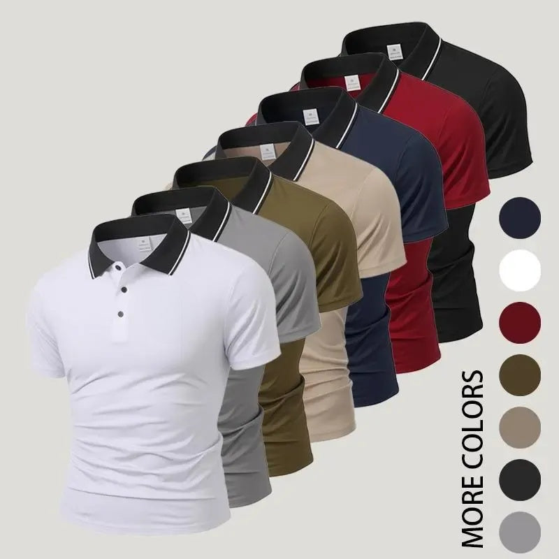 Men’s summer polo shirts featuring a contrast collar slim fit quick-dry lightweight tees, breathable business
