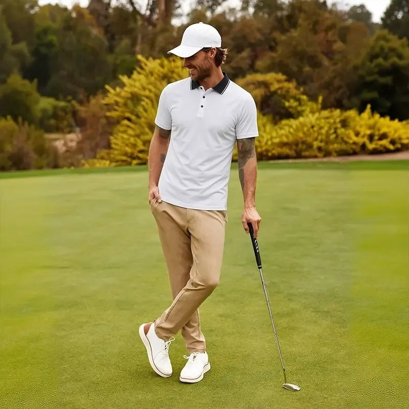 Men’s summer polo shirts featuring a contrast collar slim fit quick-dry lightweight tees, breathable business