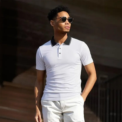 Men’s summer polo shirts featuring a contrast collar slim fit quick-dry lightweight tees, breathable business