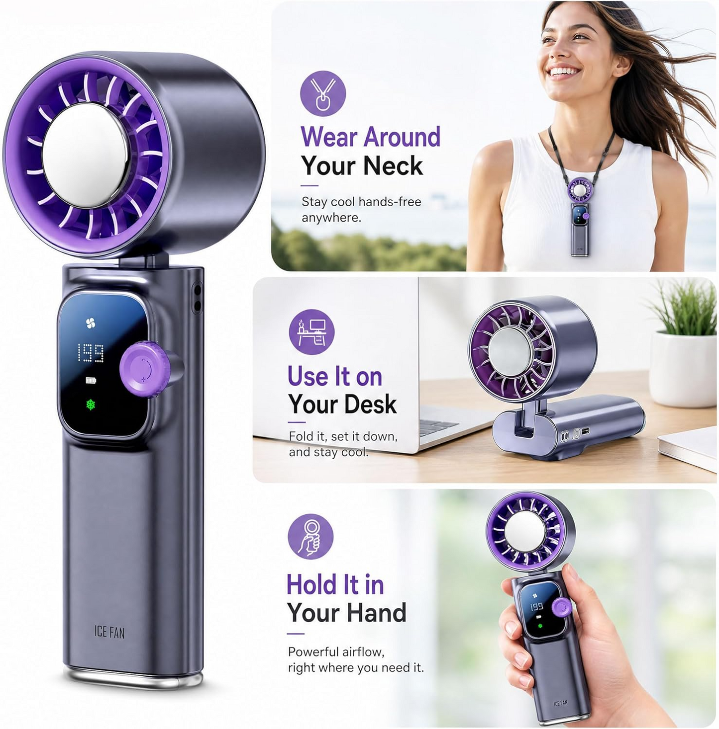 Handheld Fan Ice Cooling, Portable Turbo Fan with Ice Cooler, 199 Wind Speed, Rechargeable Foldable Hangable, 20000 RPM 4000mAh Battery, Small Personal Pocket Fan for Outdoor Travel with Metal Hanger