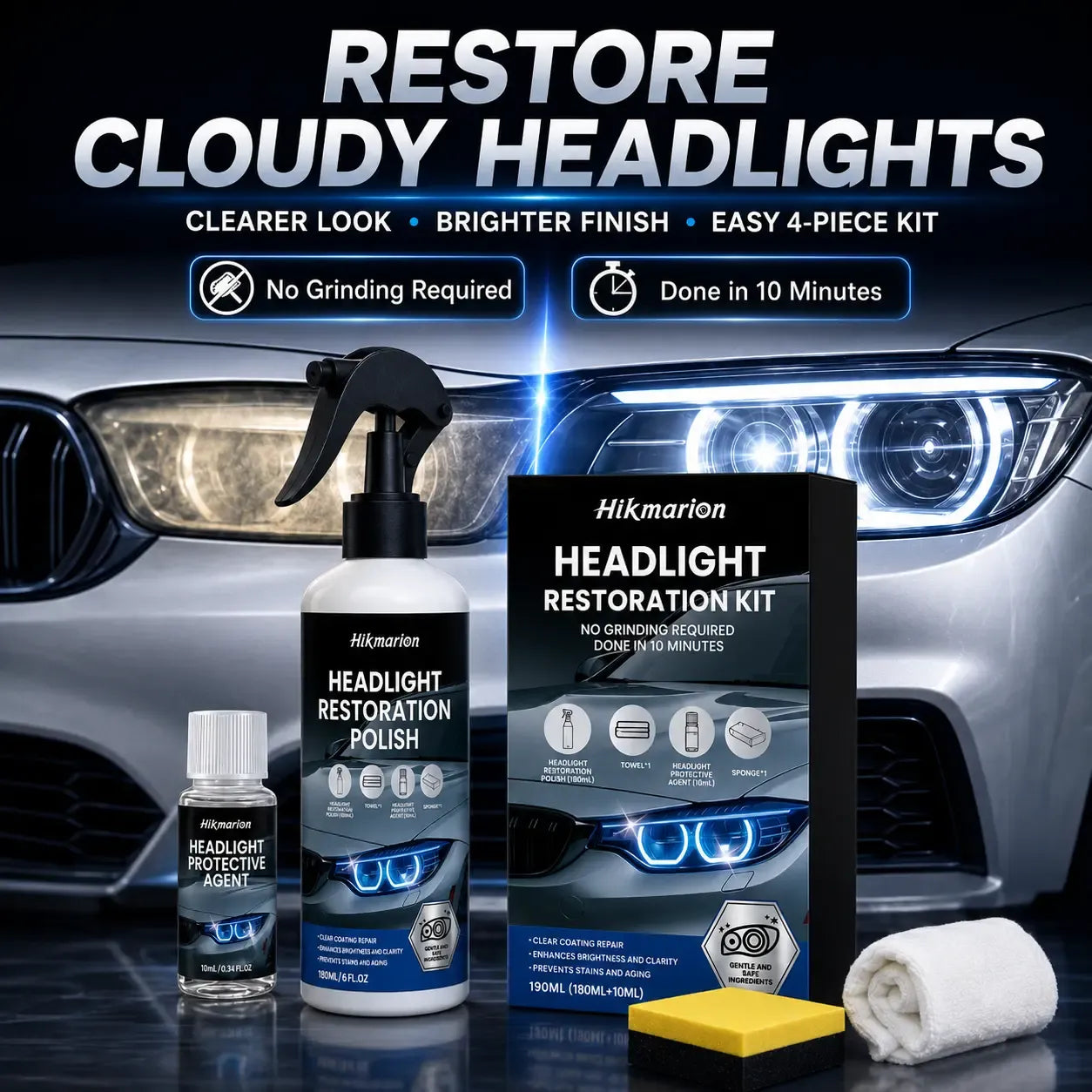 Automotive Headlamp Restoration Fluid for Oxidized Yellowed Cloudy Headlights Clear Lens Polish Crystal Coating Refurbisher Kit with Sponge Towel Cars