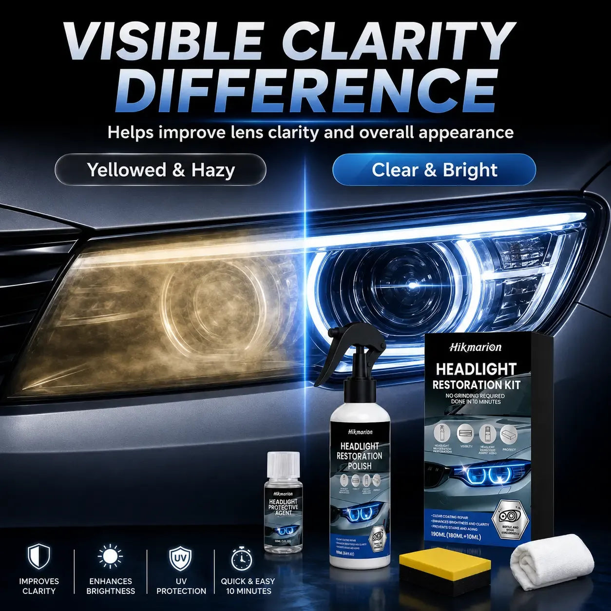 Automotive Headlamp Restoration Fluid for Oxidized Yellowed Cloudy Headlights Clear Lens Polish Crystal Coating Refurbisher Kit with Sponge Towel Cars