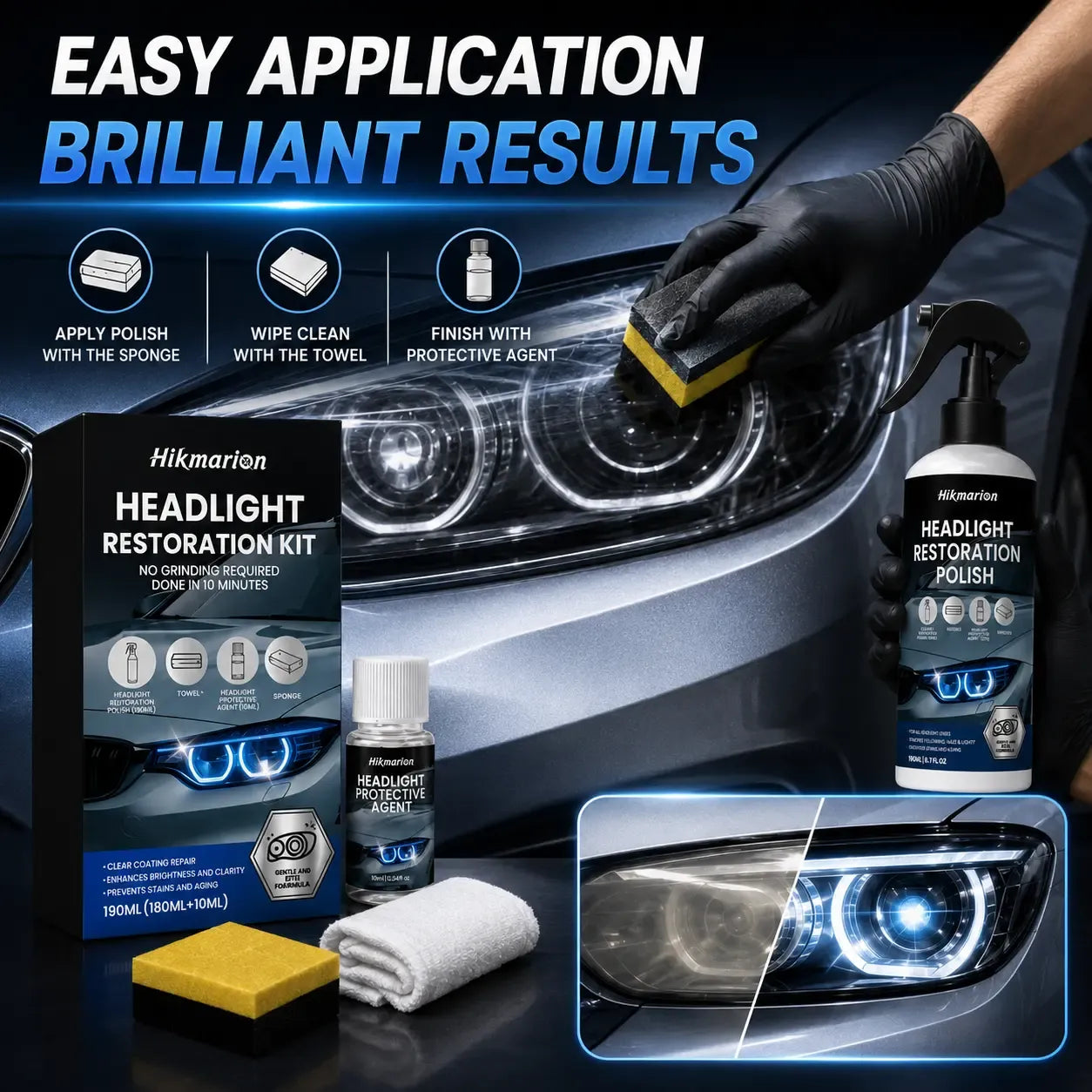Automotive Headlamp Restoration Fluid for Oxidized Yellowed Cloudy Headlights Clear Lens Polish Crystal Coating Refurbisher Kit with Sponge Towel Cars
