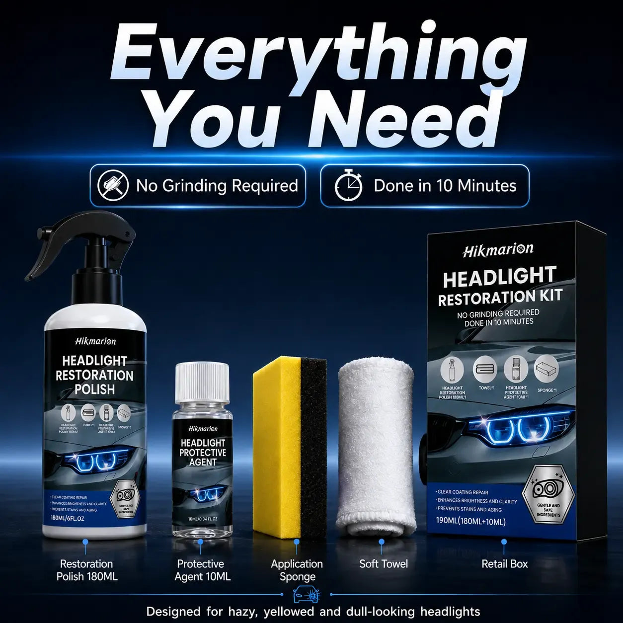 Automotive Headlamp Restoration Fluid for Oxidized Yellowed Cloudy Headlights Clear Lens Polish Crystal Coating Refurbisher Kit with Sponge Towel Cars