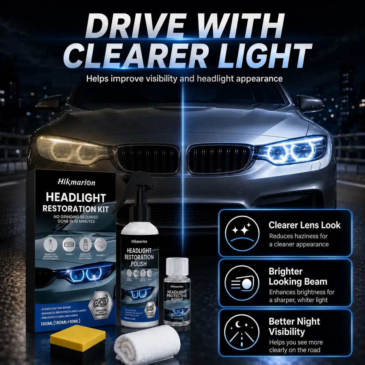 Automotive Headlamp Restoration Fluid for Oxidized Yellowed Cloudy Headlights Clear Lens Polish Crystal Coating Refurbisher Kit with Sponge Towel Cars