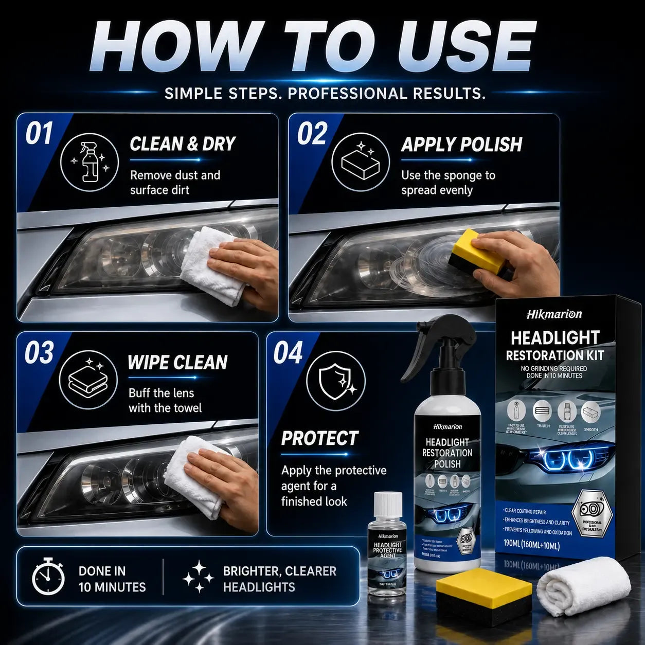 Automotive Headlamp Restoration Fluid for Oxidized Yellowed Cloudy Headlights Clear Lens Polish Crystal Coating Refurbisher Kit with Sponge Towel Cars