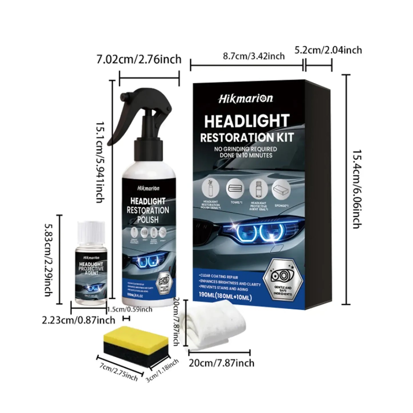 Automotive Headlamp Restoration Fluid for Oxidized Yellowed Cloudy Headlights Clear Lens Polish Crystal Coating Refurbisher Kit with Sponge Towel Cars