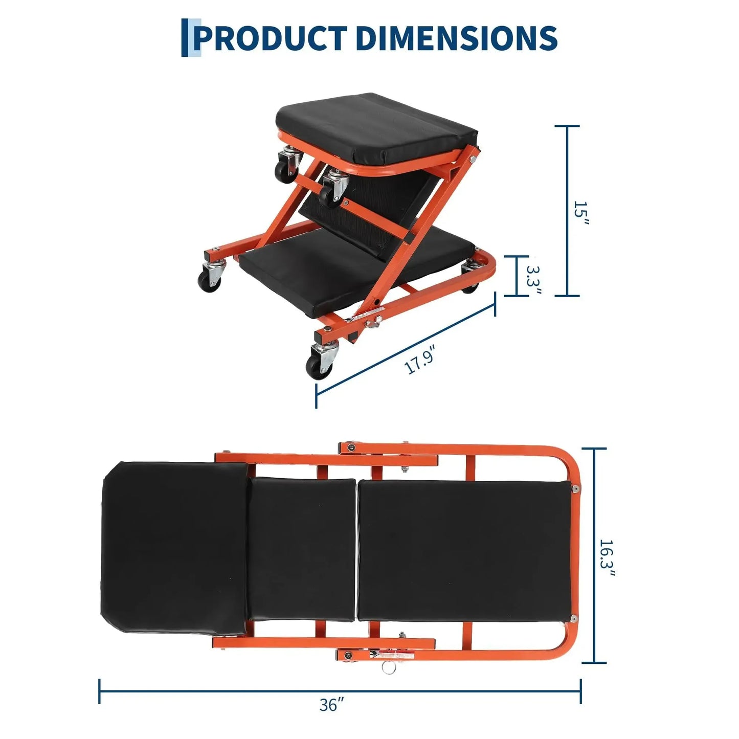 Foldable Z Garage Creeper - 36 in Auto Repair Mechanic Tool300 lbs Load Capacity6 WheelsPadded SeatSteel FrameTool