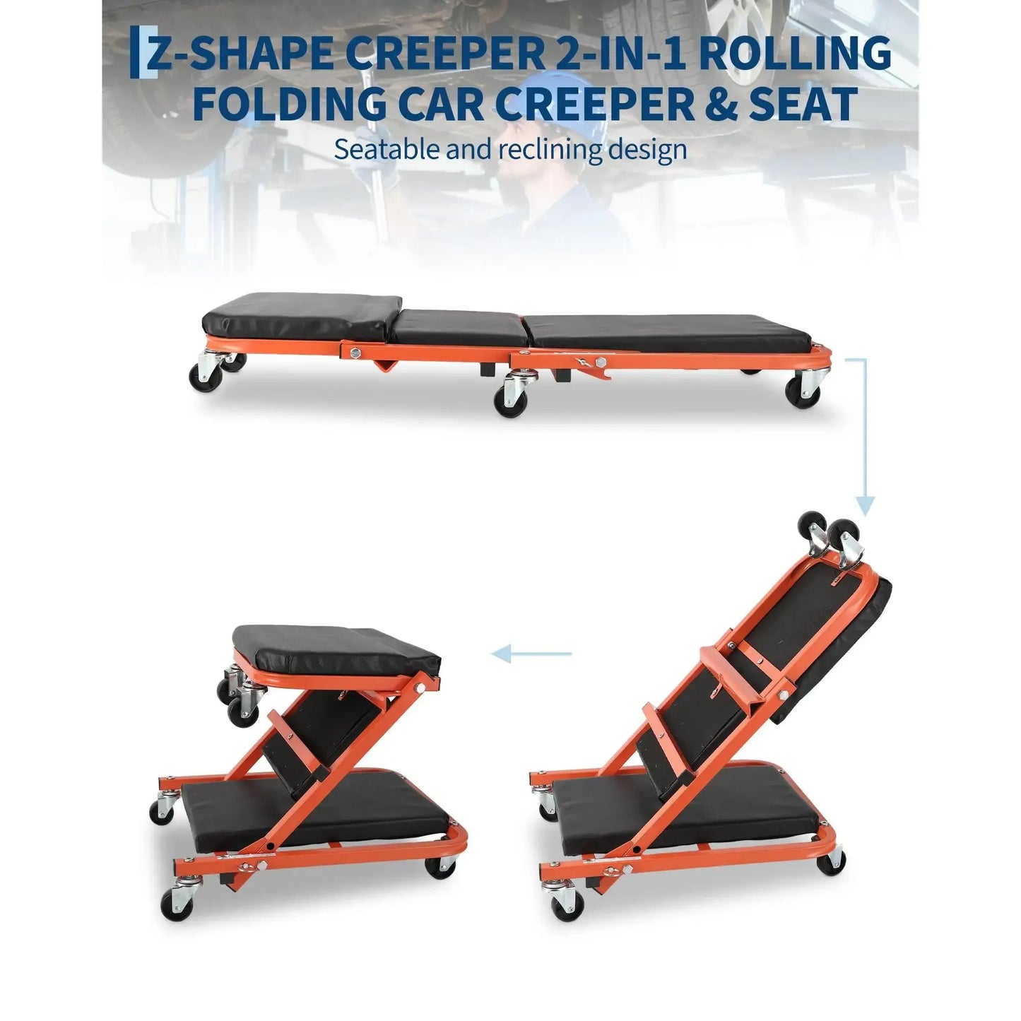 Foldable Z Garage Creeper - 36 in Auto Repair Mechanic Tool300 lbs Load Capacity6 WheelsPadded SeatSteel FrameTool