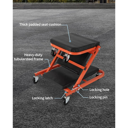 Foldable Z Garage Creeper - 36 in Auto Repair Mechanic Tool300 lbs Load Capacity6 WheelsPadded SeatSteel FrameTool