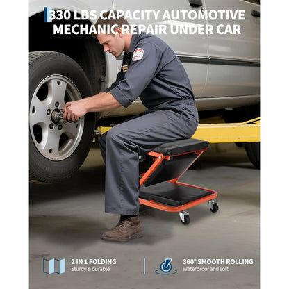 Foldable Z Garage Creeper - 36 in Auto Repair Mechanic Tool300 lbs Load Capacity6 WheelsPadded SeatSteel FrameTool