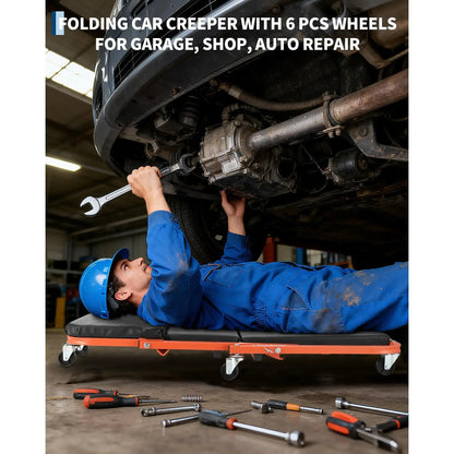 Foldable Z Garage Creeper - 36 in Auto Repair Mechanic Tool300 lbs Load Capacity6 WheelsPadded SeatSteel FrameTool