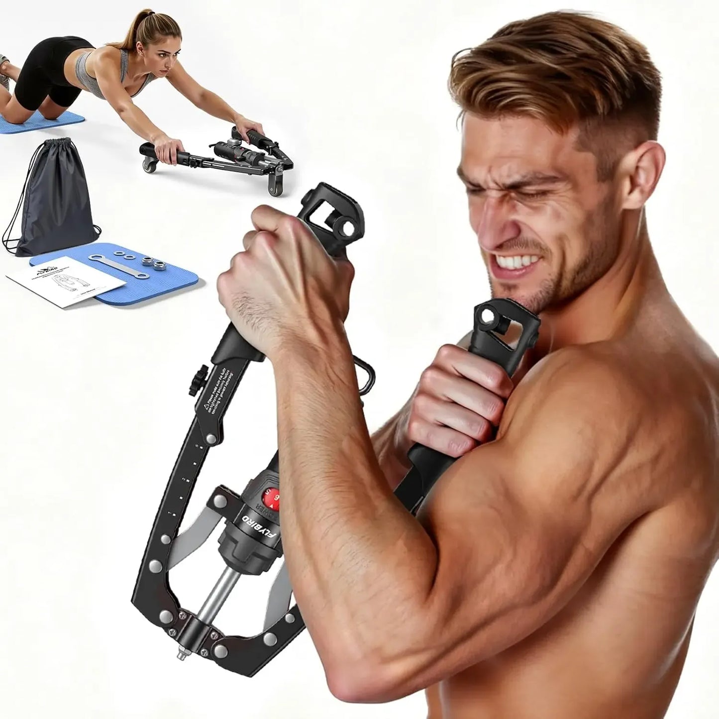 3-in-1 Hydraulic Chest Twister Arm Exerciser & Arm Strength Trainer - Adjustable 22-440lbs Core, Tricep Workout Equipment with Ab Roller Wheel