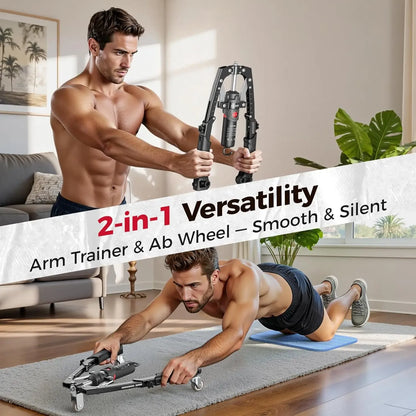 3-in-1 Hydraulic Chest Twister Arm Exerciser & Arm Strength Trainer - Adjustable 22-440lbs Core, Tricep Workout Equipment with Ab Roller Wheel