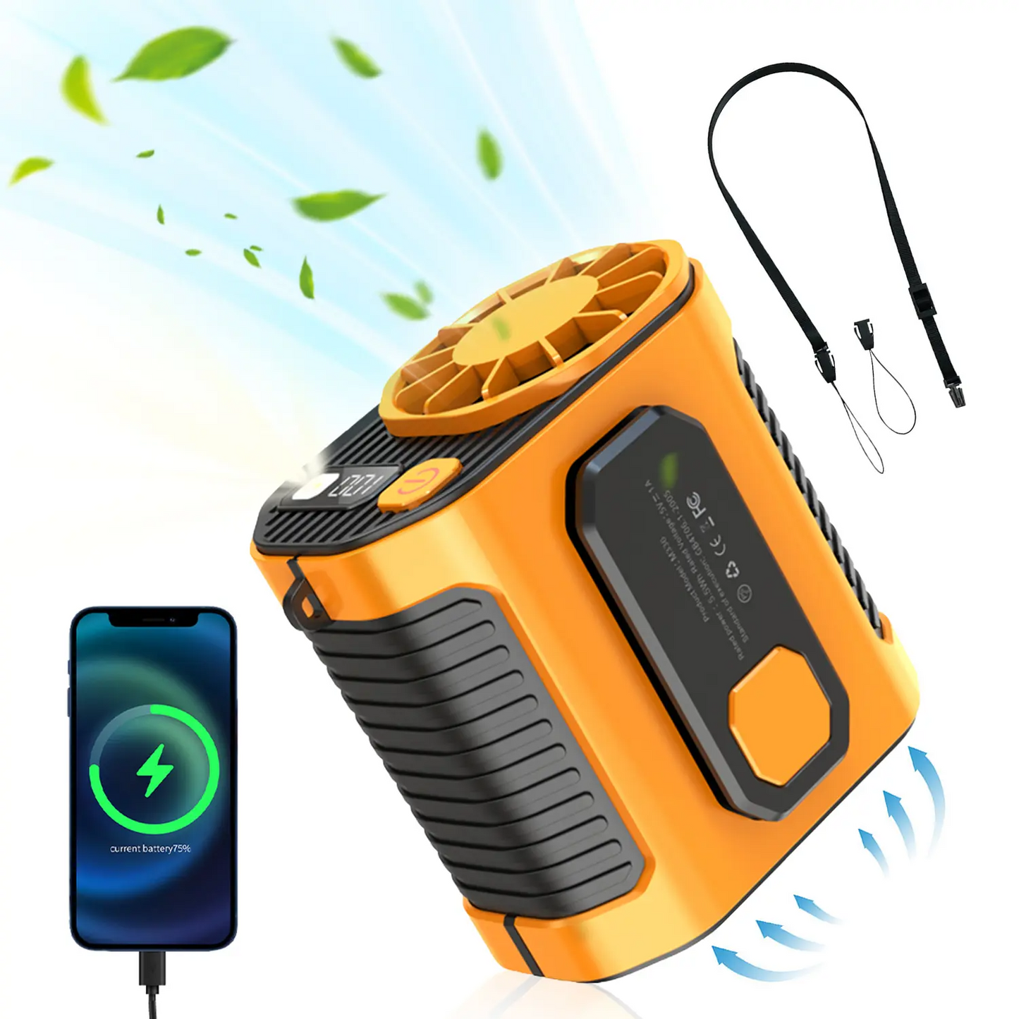 Personal Waist Portable Rechargeable Fan, 5000mAh Battery Power bank, 10 Speeds 5300RPM Airflow, LED Light