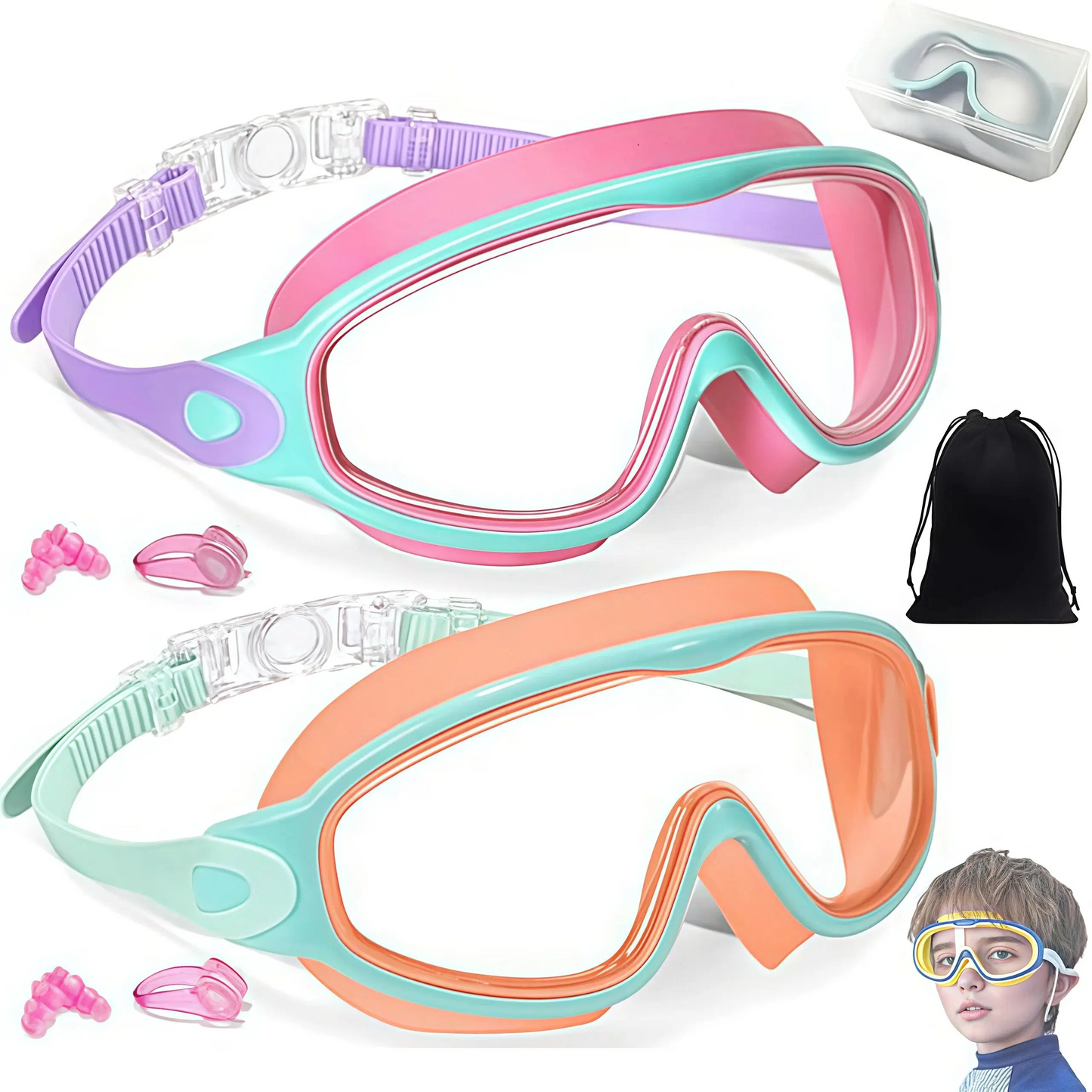 Kids Swim Goggles for 3-15+ UV Protection Anti-Fog High Definition Waterproof Adjustable Goggles for Boys and Girls