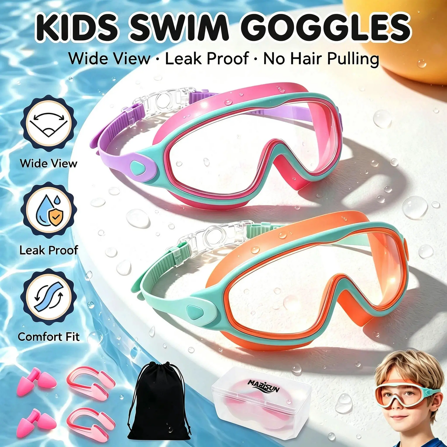 Kids Swim Goggles for 3-15+ UV Protection Anti-Fog High Definition Waterproof Adjustable Goggles for Boys and Girls