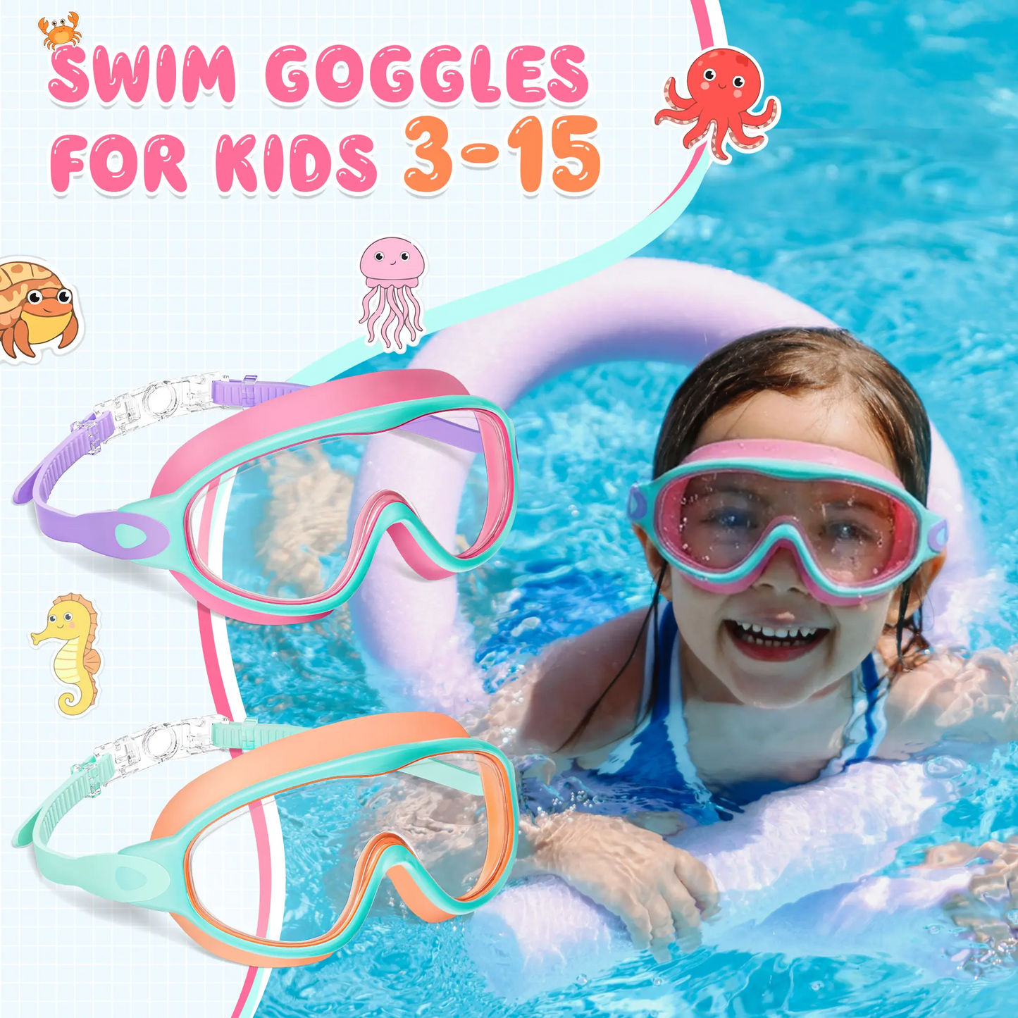 Kids Swim Goggles for 3-15+ UV Protection Anti-Fog High Definition Waterproof Adjustable Goggles for Boys and Girls