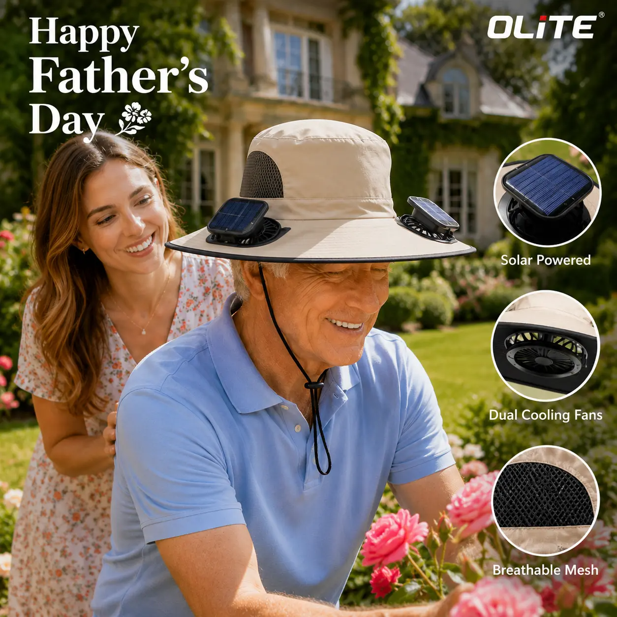 Men's Wireless Solar Fan Hat, Solid Wide Brim Sun Hat with 2 Cooling Fans & USB Charging for Fishing, Hiking