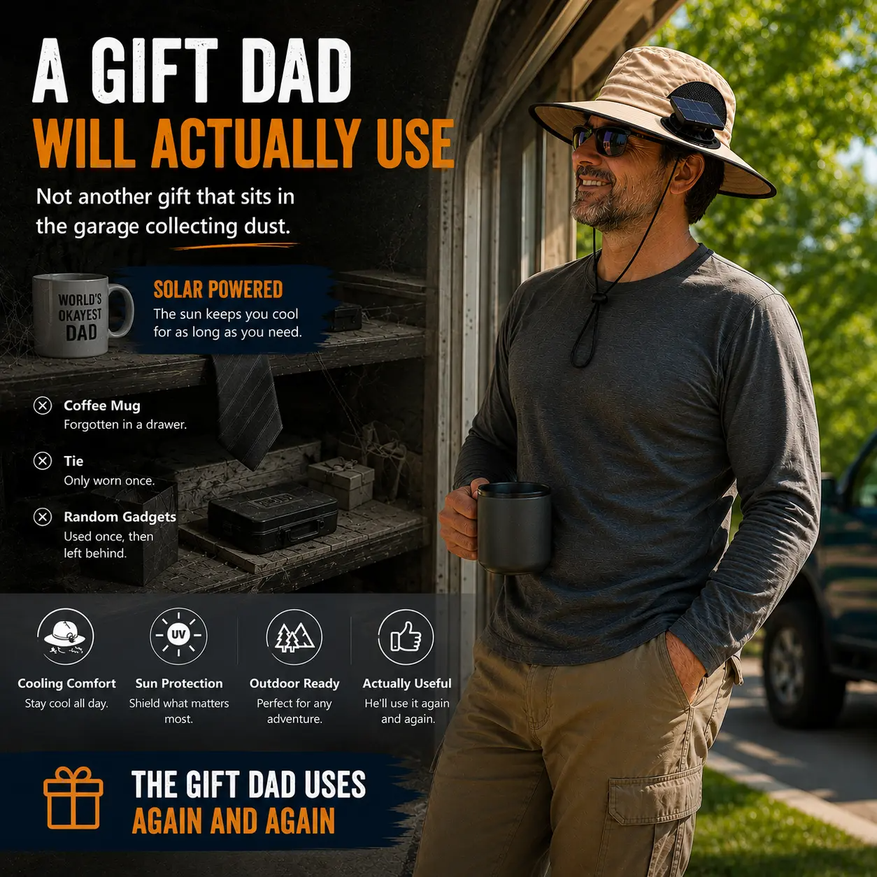 Men's Wireless Solar Fan Hat, Solid Wide Brim Sun Hat with 2 Cooling Fans & USB Charging for Fishing, Hiking