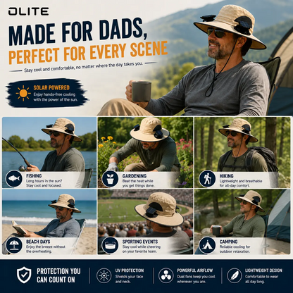 Men's Wireless Solar Fan Hat, Solid Wide Brim Sun Hat with 2 Cooling Fans & USB Charging for Fishing, Hiking