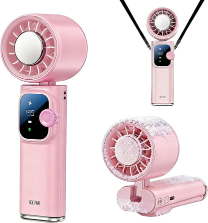 Handheld Fan Ice Cooling, Portable Turbo Fan with Ice Cooler, 199 Wind Speed, Rechargeable Foldable Hangable, 20000 RPM 4000mAh Battery, Small Personal Pocket Fan for Outdoor Travel with Metal Hanger