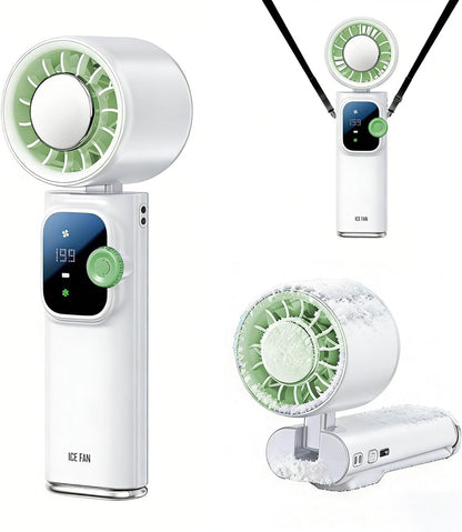 Handheld Fan Ice Cooling, Portable Turbo Fan with Ice Cooler, 199 Wind Speed, Rechargeable Foldable Hangable, 20000 RPM 4000mAh Battery, Small Personal Pocket Fan for Outdoor Travel with Metal Hanger