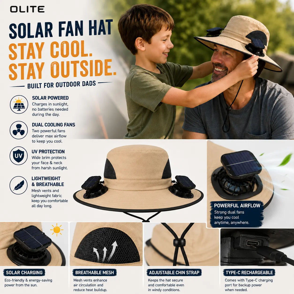 Men's Wireless Solar Fan Hat, Solid Wide Brim Sun Hat with 2 Cooling Fans & USB Charging for Fishing, Hiking