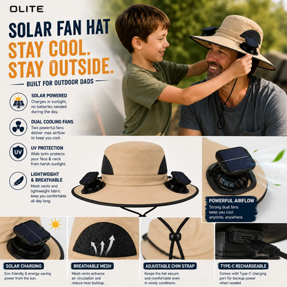 Men's Wireless Solar Fan Hat, Solid Wide Brim Sun Hat with 2 Cooling Fans & USB Charging for Fishing, Hiking