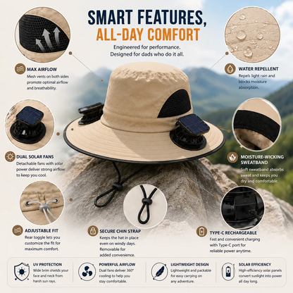 Men's Wireless Solar Fan Hat, Solid Wide Brim Sun Hat with 2 Cooling Fans & USB Charging for Fishing, Hiking