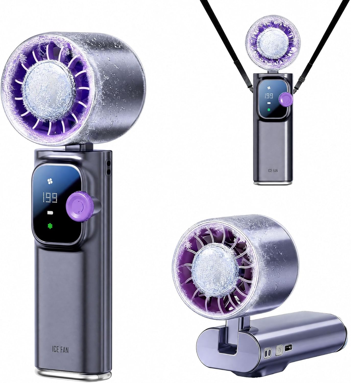 Handheld Fan Ice Cooling, Portable Turbo Fan with Ice Cooler, 199 Wind Speed, Rechargeable Foldable Hangable, 20000 RPM 4000mAh Battery, Small Personal Pocket Fan for Outdoor Travel with Metal Hanger