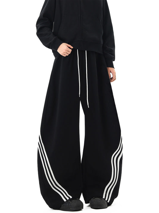 Vintage Three-Bar Colorblock Wide-Leg Pants, Women's Casual Loose-Fit Long Trousers, Fashionable Waist Tie