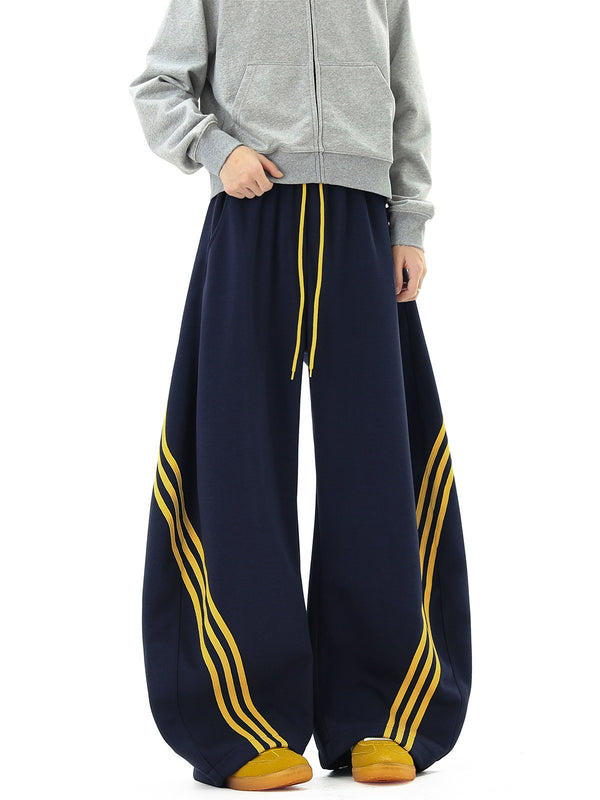 Vintage Three-Bar Colorblock Wide-Leg Pants, Women's Casual Loose-Fit Long Trousers, Fashionable Waist Tie