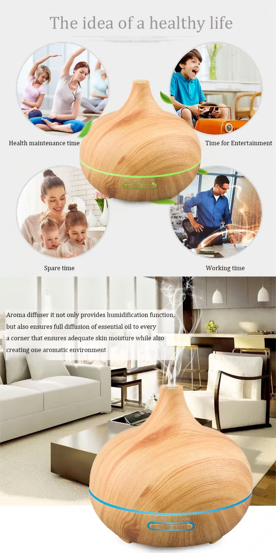 Aromatherapy Diffuser Humidifier Silent Wood Grain USB Essential Oil Diffuser with Remote Control 550ml for Home Office Bedroom